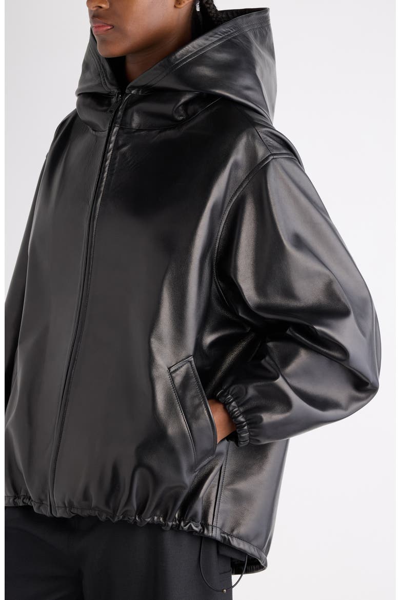 Relaxed Fit Smooth Leather Zip-Up Hoodie, Alternate, color, 1000 BLACK
