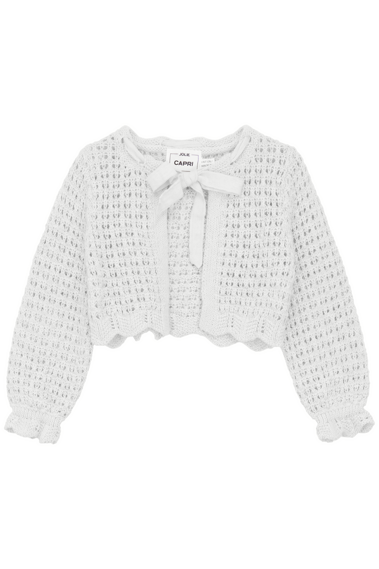 Girl Double Breasted Bow Tie Neckline Scallop Edge Cardigan, Main, color, White