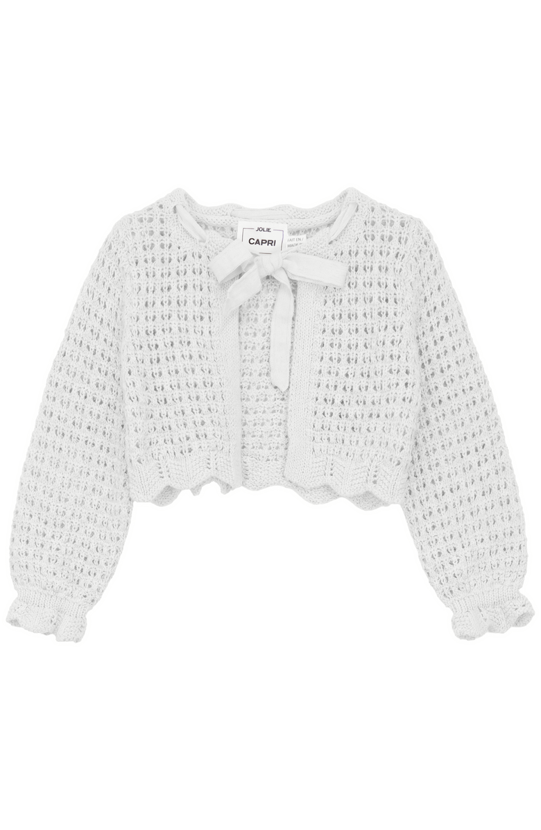 Jolie Capri Girl Double Breasted Bow Tie Neckline Scallop Edge Cardigan, Main, color, White