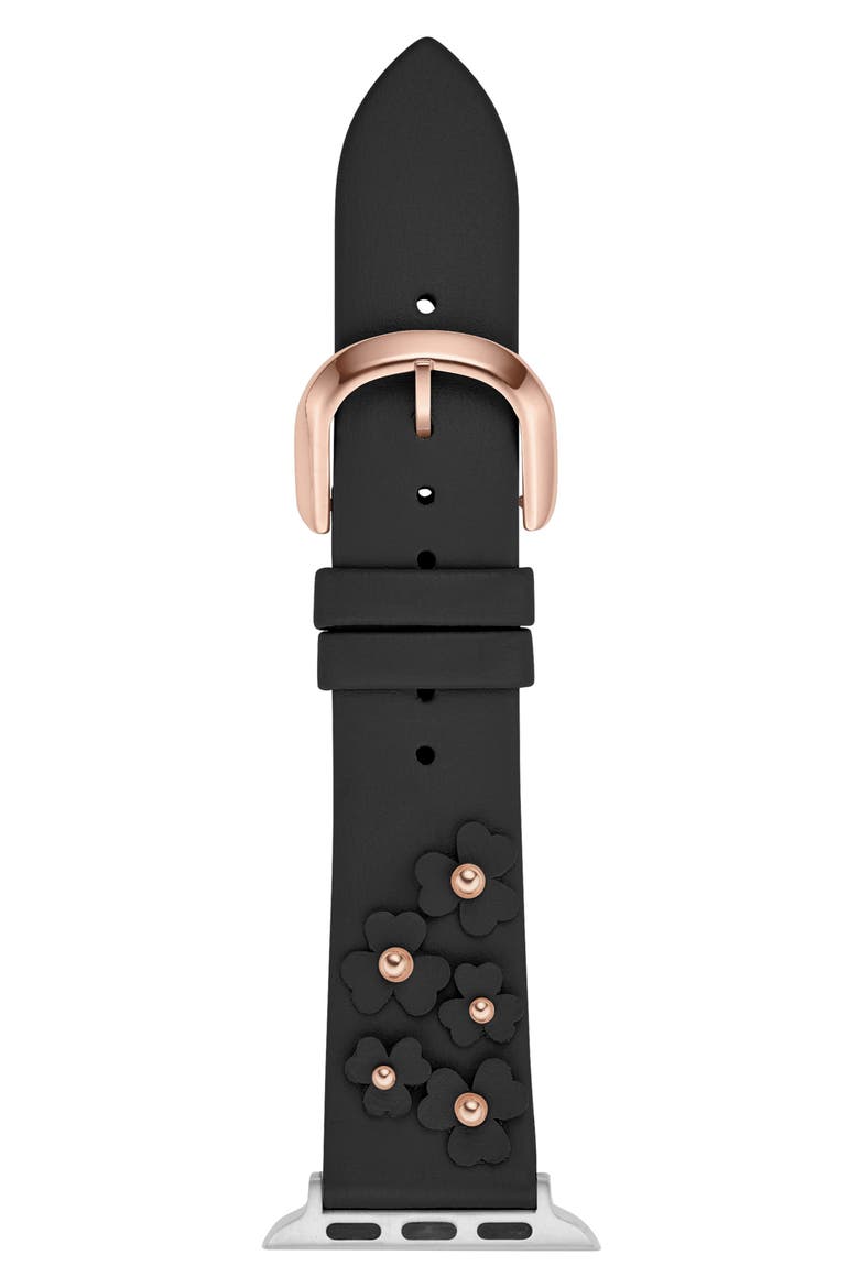 floral appliqué Apple Watch® band, Main, color, BLACK