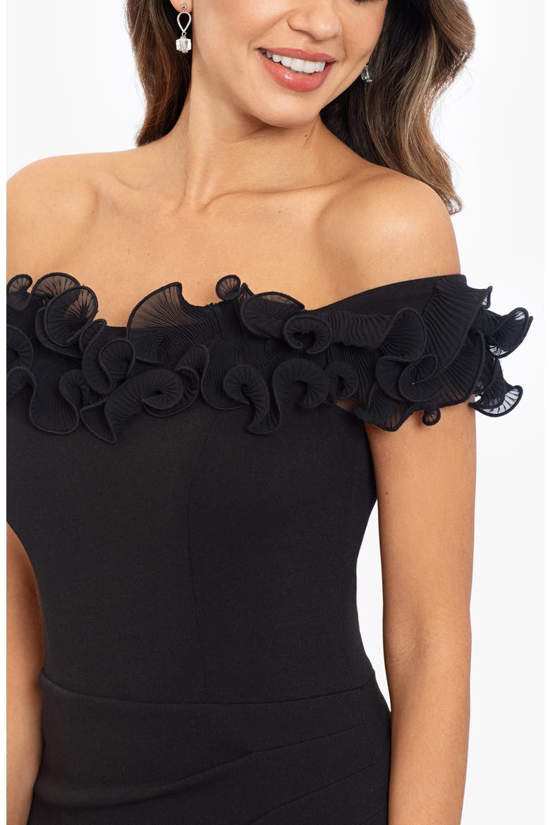Ruffle Off the Shoulder Scuba Crepe Gown, Alternate, color, BLACK