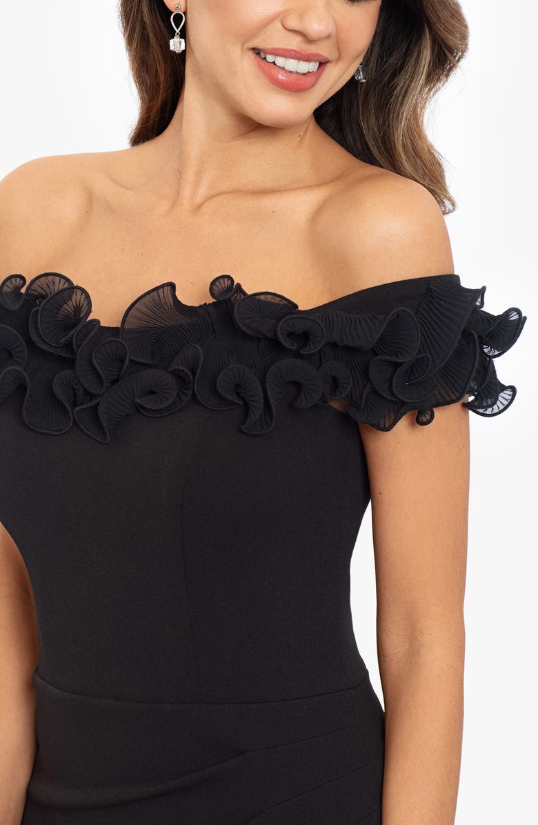 Xscape Evenings Ruffle Off the Shoulder Scuba Crepe Gown, Alternate, color,