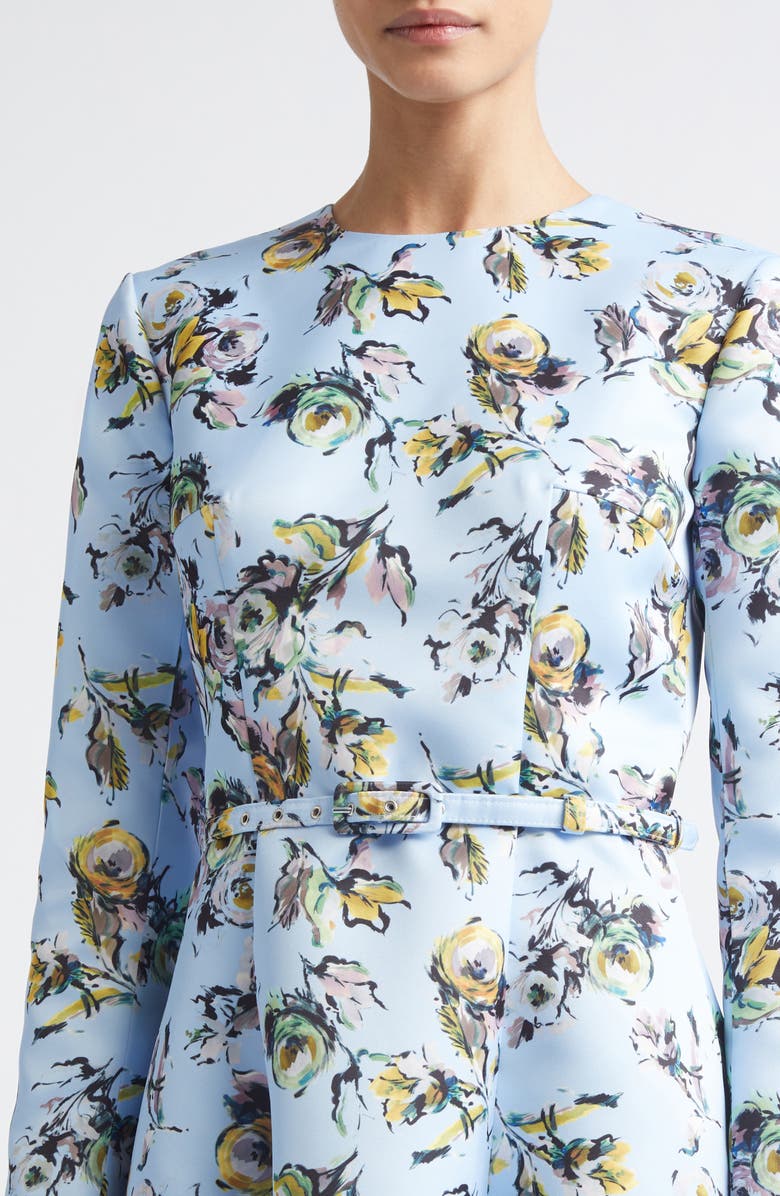 Emilia Wickstead Capucine Floral Long Sleeve Belted Genzianella Sateen Midi Dress, Alternate, color, Floral Green/Yellow On Blue
