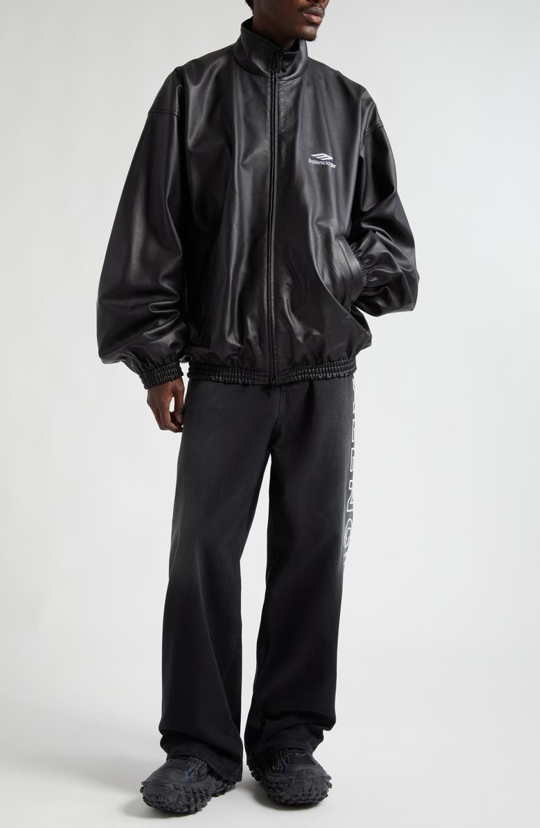 Balenciaga 3B Logo Oversize Leather Track Jacket, Main, color, Black