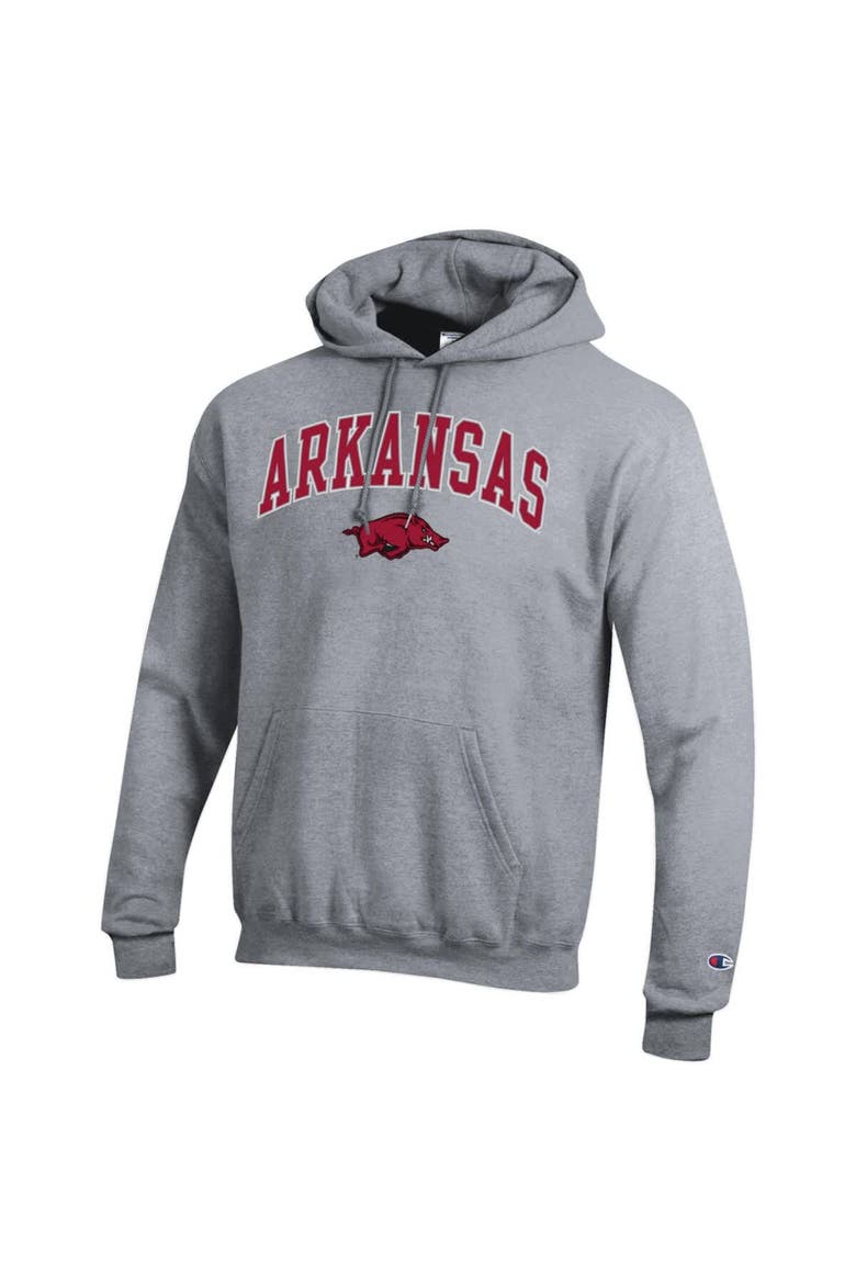 Men's Champion  Heather Gray Arkansas Razorbacks Arched Logo Fleece Pullover Hoodie, Alternate, color, Heather Gray