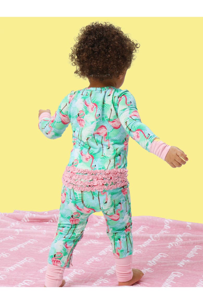 Baby Girls SoftSnooze Convertible Ruffle One Piece Pajama, Alternate, color, Green Vibrant Flamingo