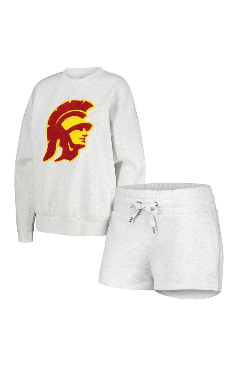 GAMEDAY COUTURE Women's Gameday Couture Ash USC Trojans Team Effort Pullover Sweatshirt & Shorts Sleep Set, Main, color, 