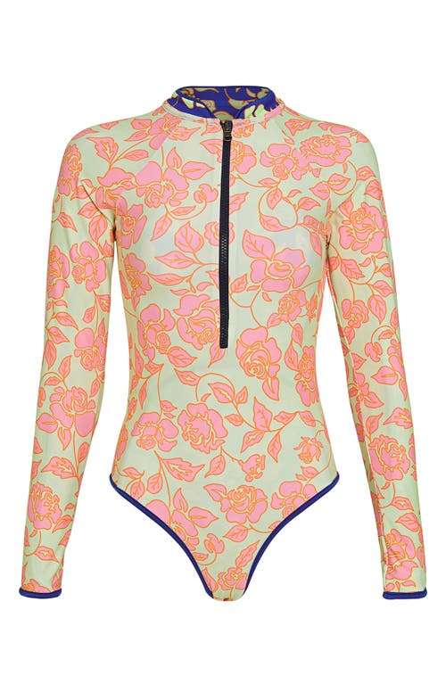 Maaji Cobalt Florea Cardi Long Sleeve Reversible One-piece Swimsuit In Blue