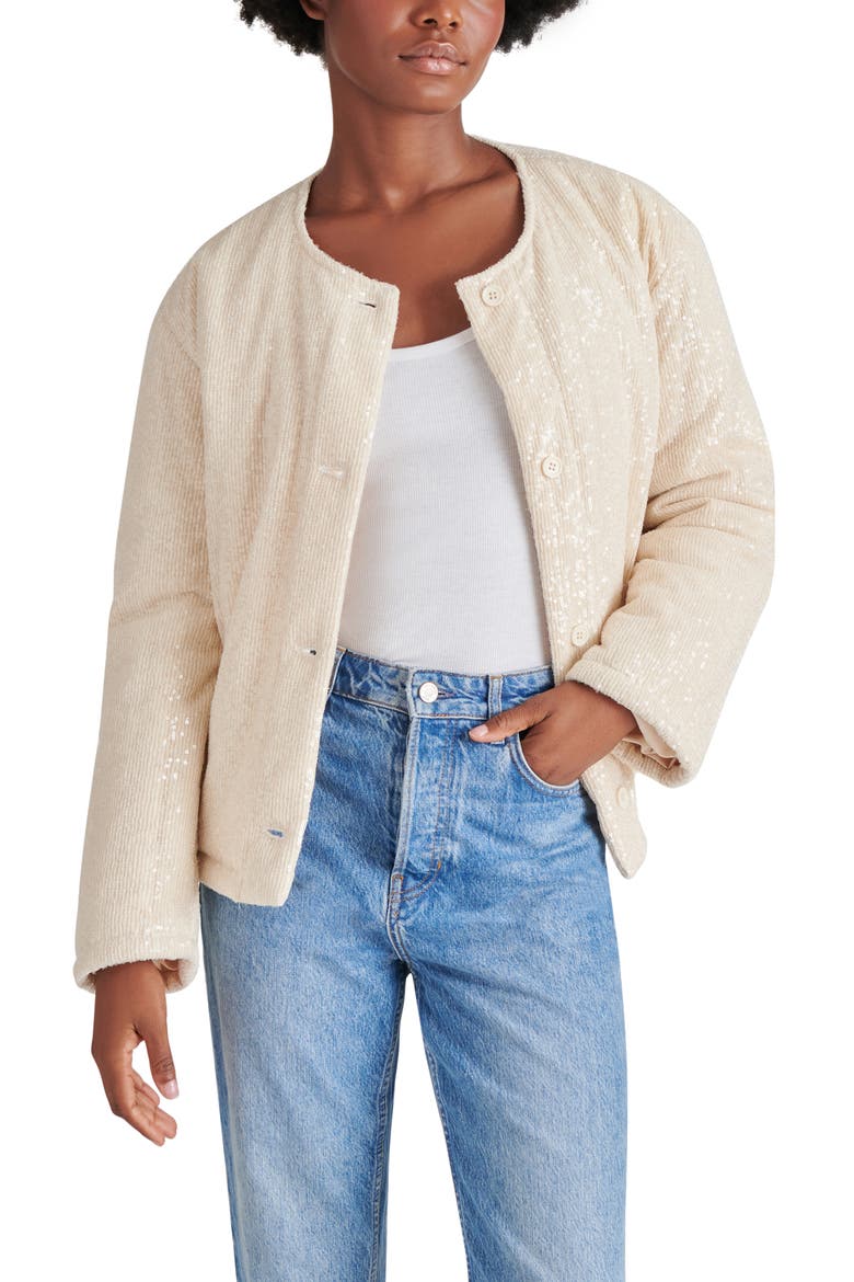 Sequin Crop Puffer Jacket, Alternate, color, CREAM