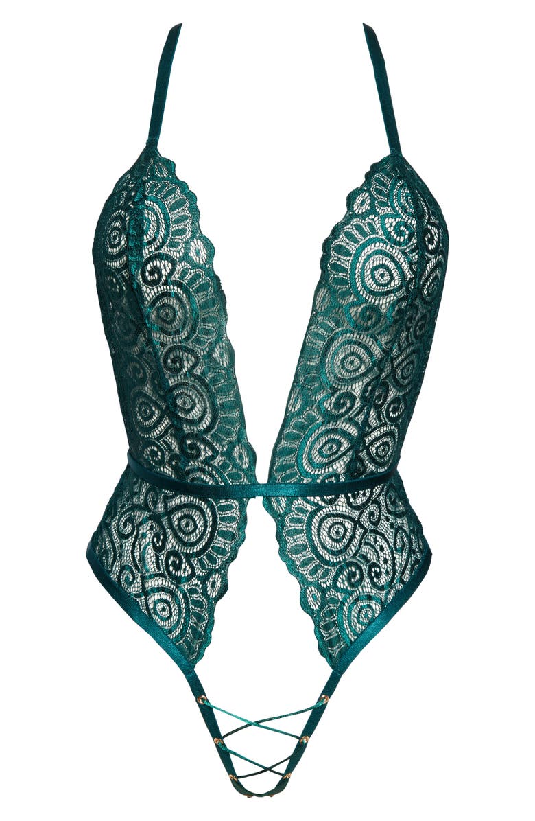 Roma Confidential Plunge Lace Open Gusset Teddy, Main, color, Green