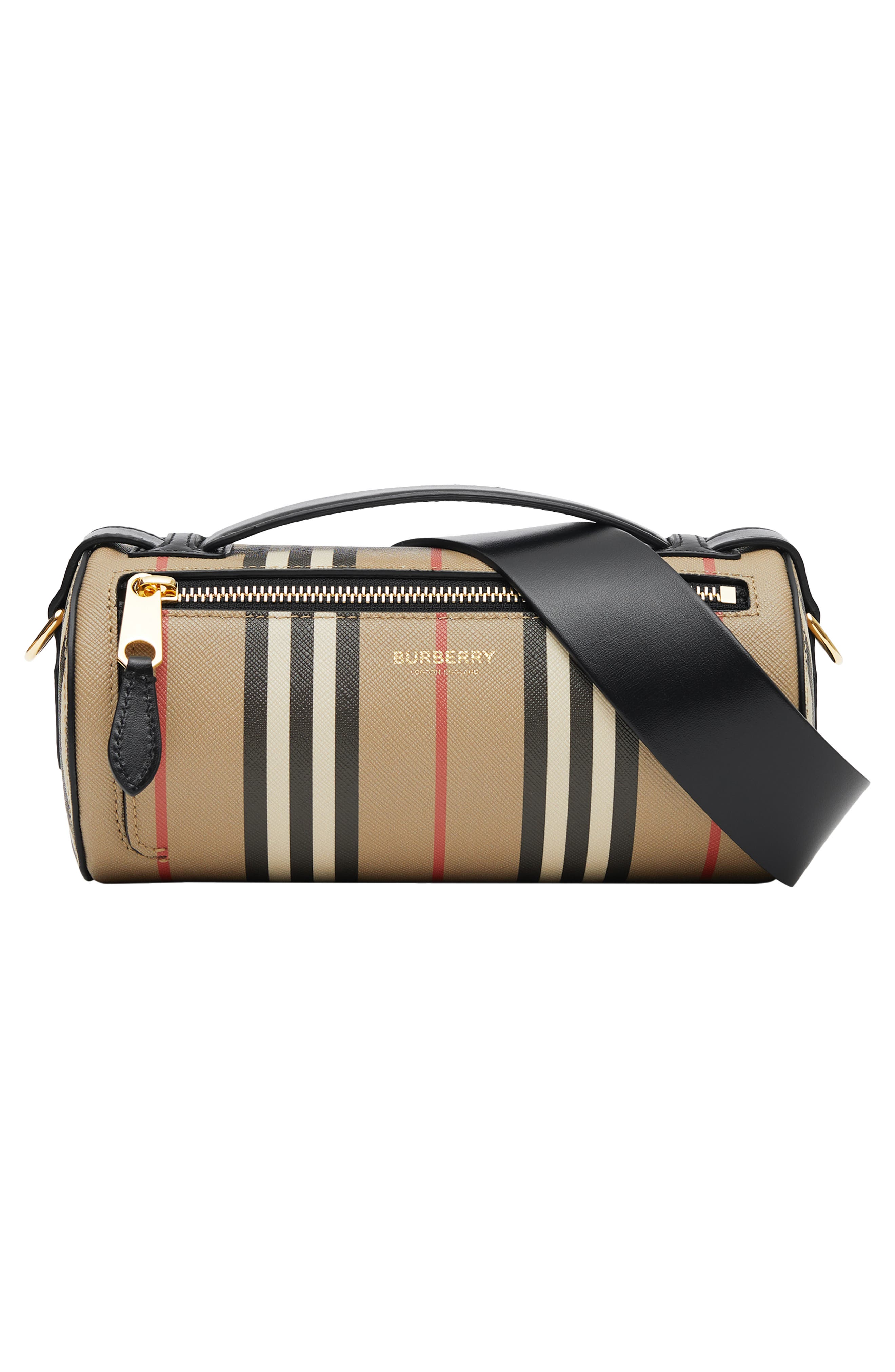 Burberry Icon Stripe E-Canvas & Leather Barrel Bag, Alternate, color, 