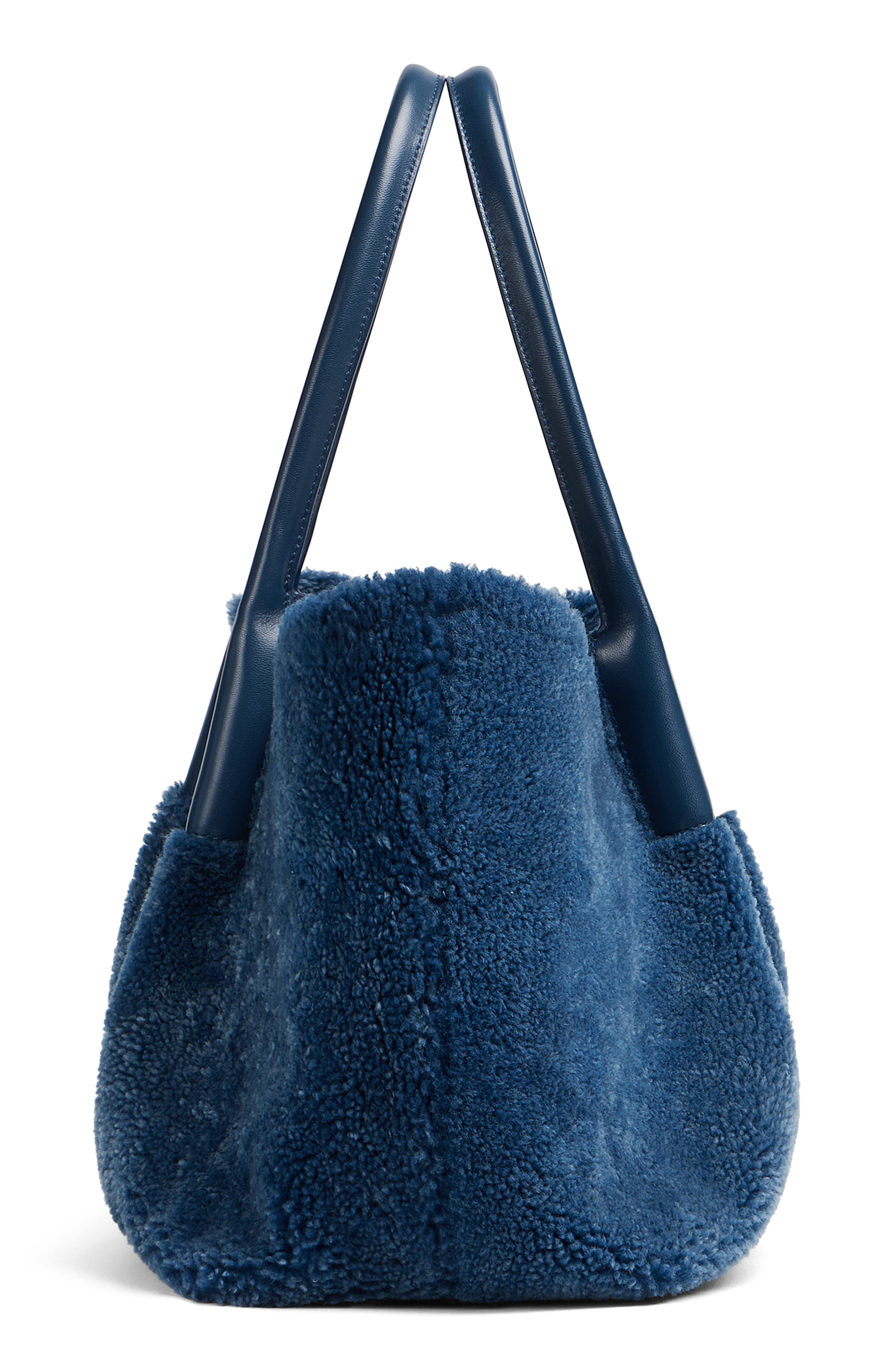 Bottega Veneta Pinacoteca Reversible Denim Print Suede & Genuine Shearling Tote, Alternate, color, 4314 Ocean/ Pacific-Mb