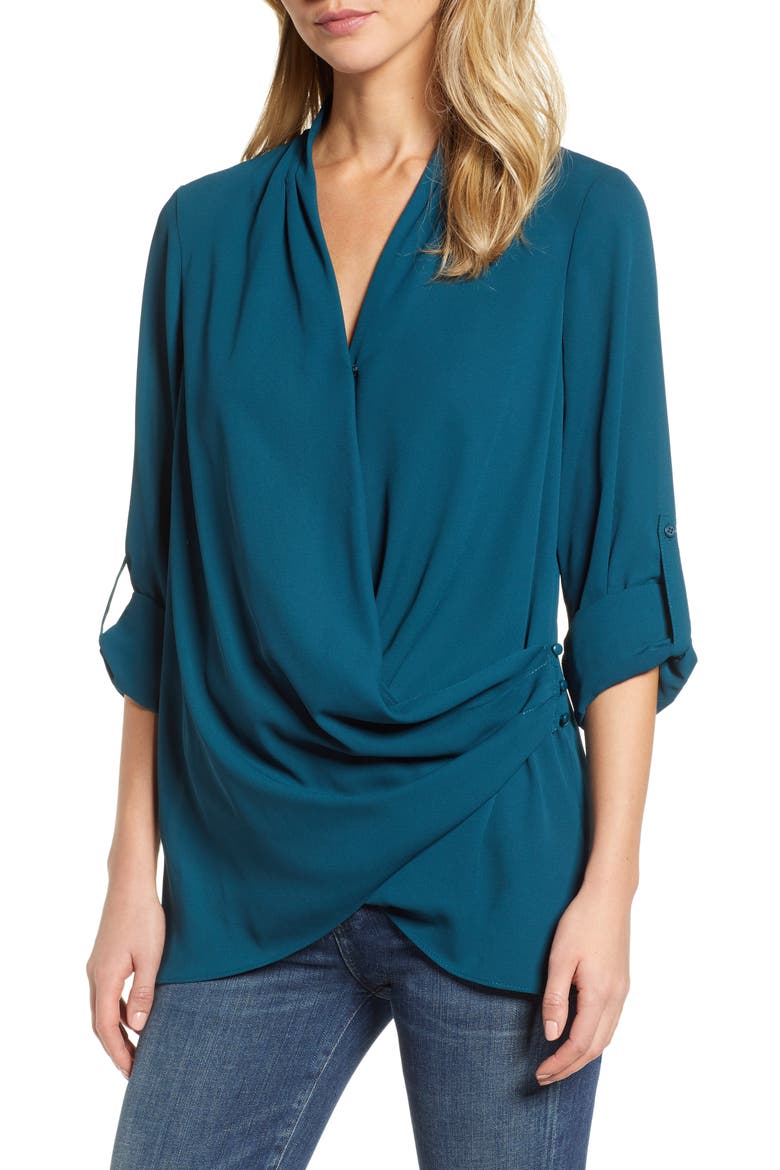 Side Drape Blouse, Main, color, TEAL
