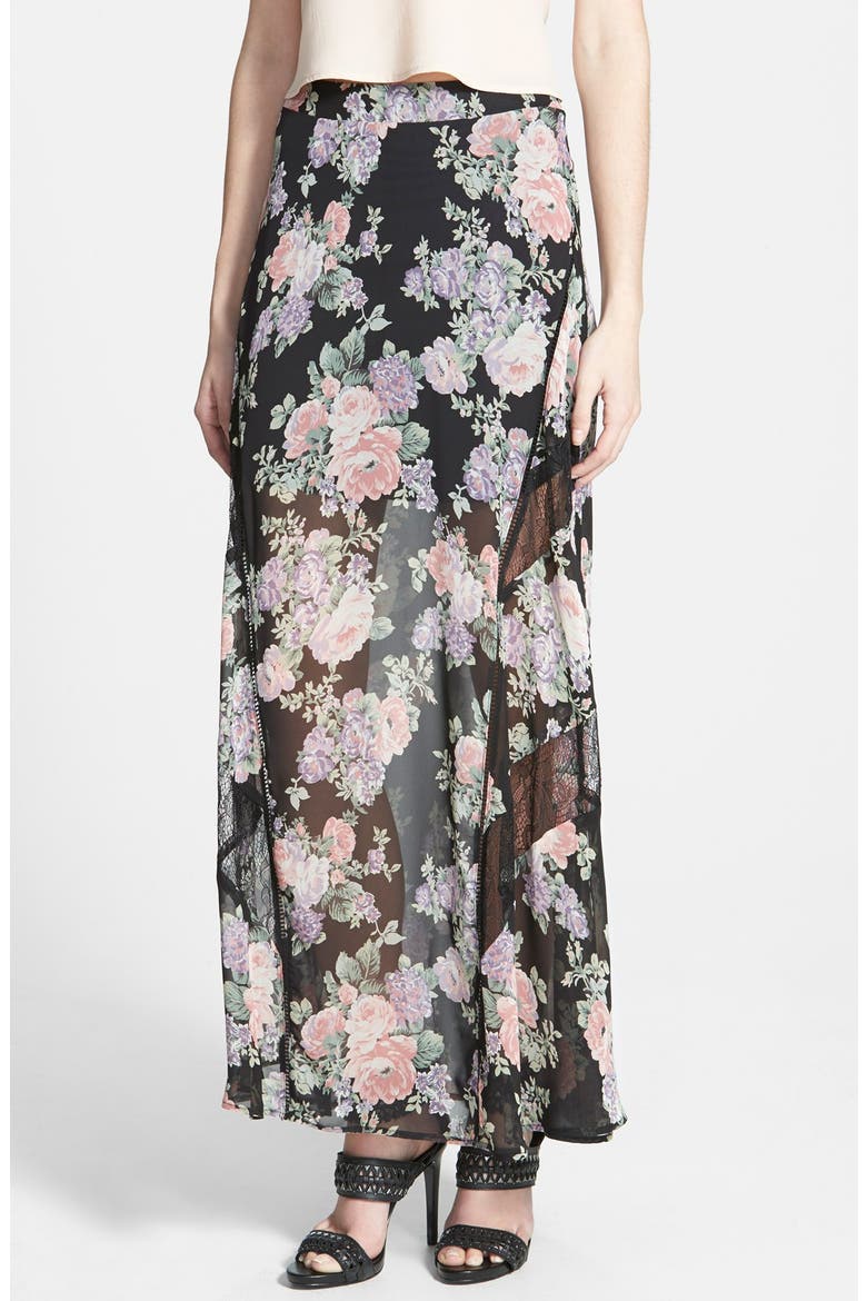ASTR Lace Inset Floral Maxi Skirt, Main, color, BLACK MULTI