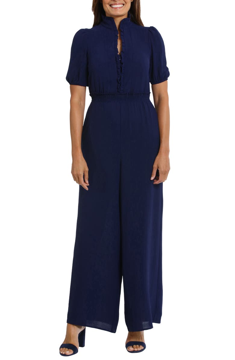 London Times Front Zip Puff Sleeve Jumpsuit, Main, color, Navy