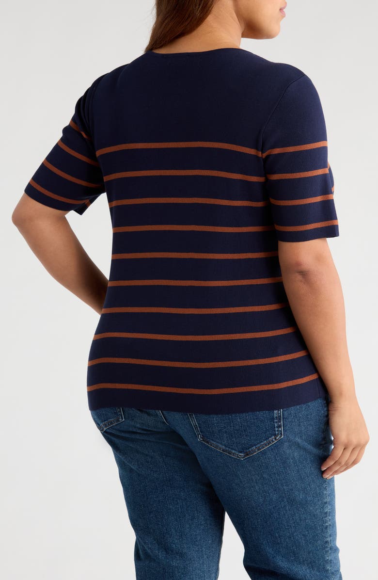 Tahari ASL Stripe Short Sleeve Sweater, Alternate, color, Navy Tawny