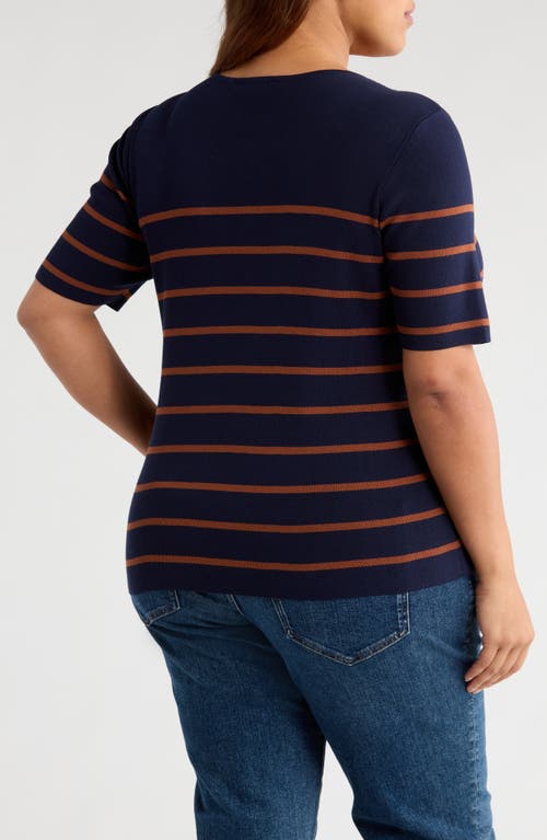 Tahari Asl Stripe Short Sleeve Sweater In Blue
