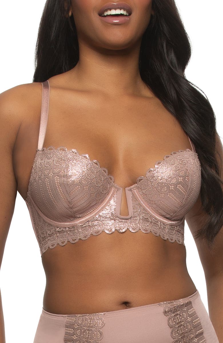 Felina Siren Underwire Shimmer Lace Plunge Demi Longline Bra, Main, color, Rose Tan Shimmer