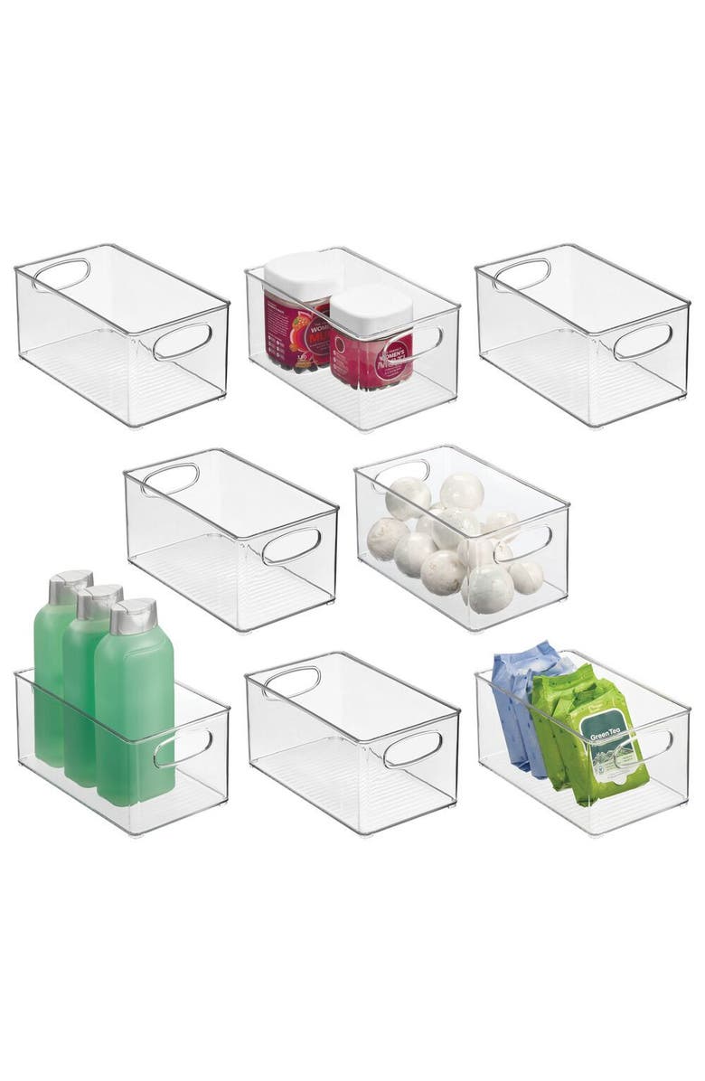 mDesign Plastic Storage Organizer Wide Container Bin with Handles for Bathroom, Home Organization - Holds Vitamins, Supplements, Makeup, Styling Tools - Ligne Collection - 8 Pack - Clear, Main, color, 