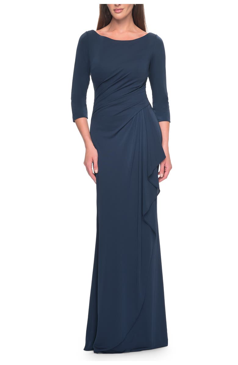 La Femme Chic Long Evening Gown with High Neck and Ruffle Detail, Main, color, Navy