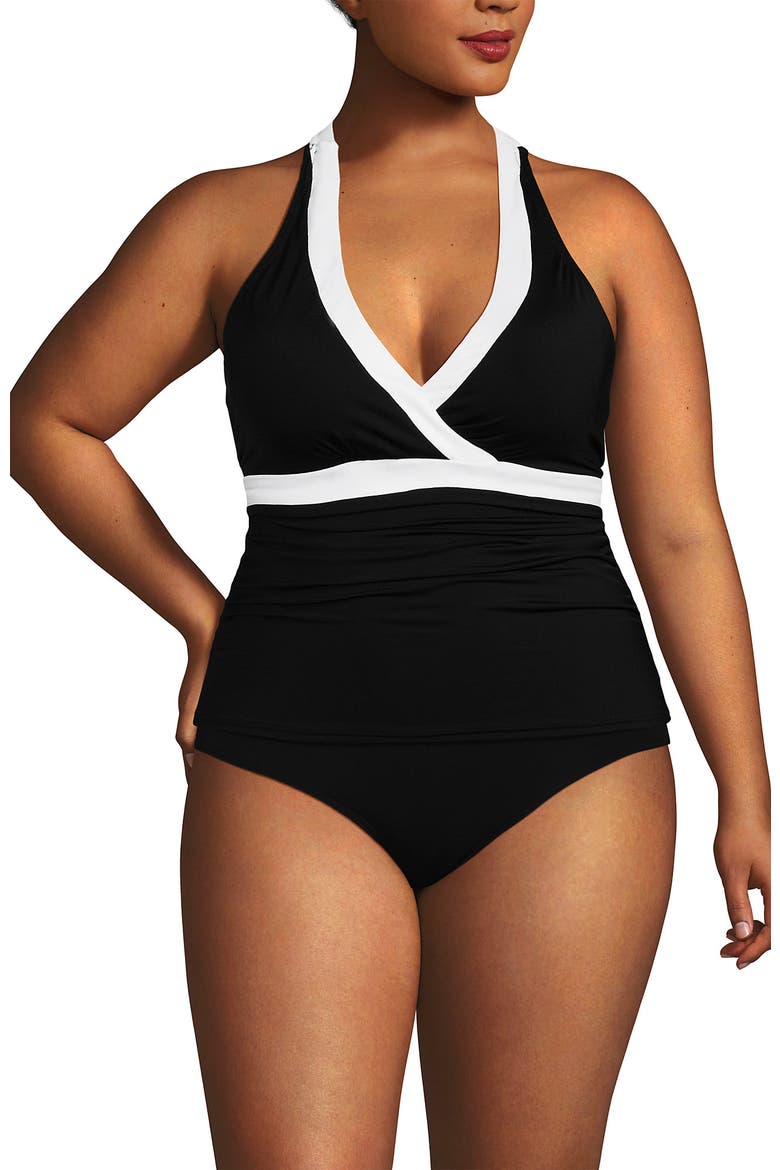 Plus Size V-Neck Halter Tankini Top, Alternate, color, Black/White