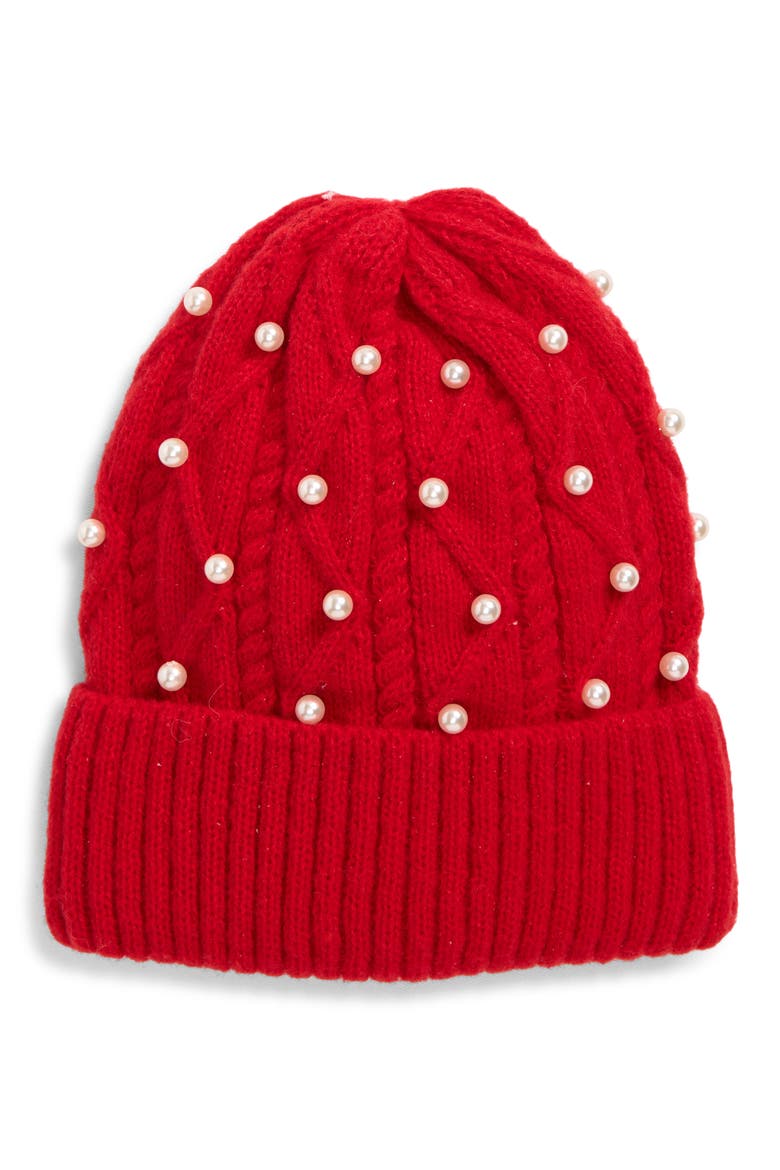 Kids' Imitation Pearl Beanie, Main, color, RED