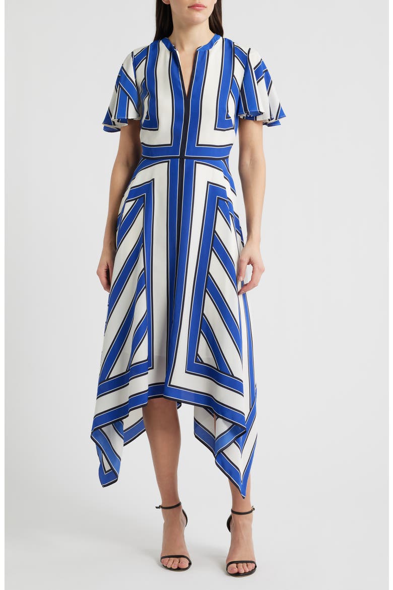 Geometric Stripe High Low Handkerchief Dress, Main, color, IVORY BLUE