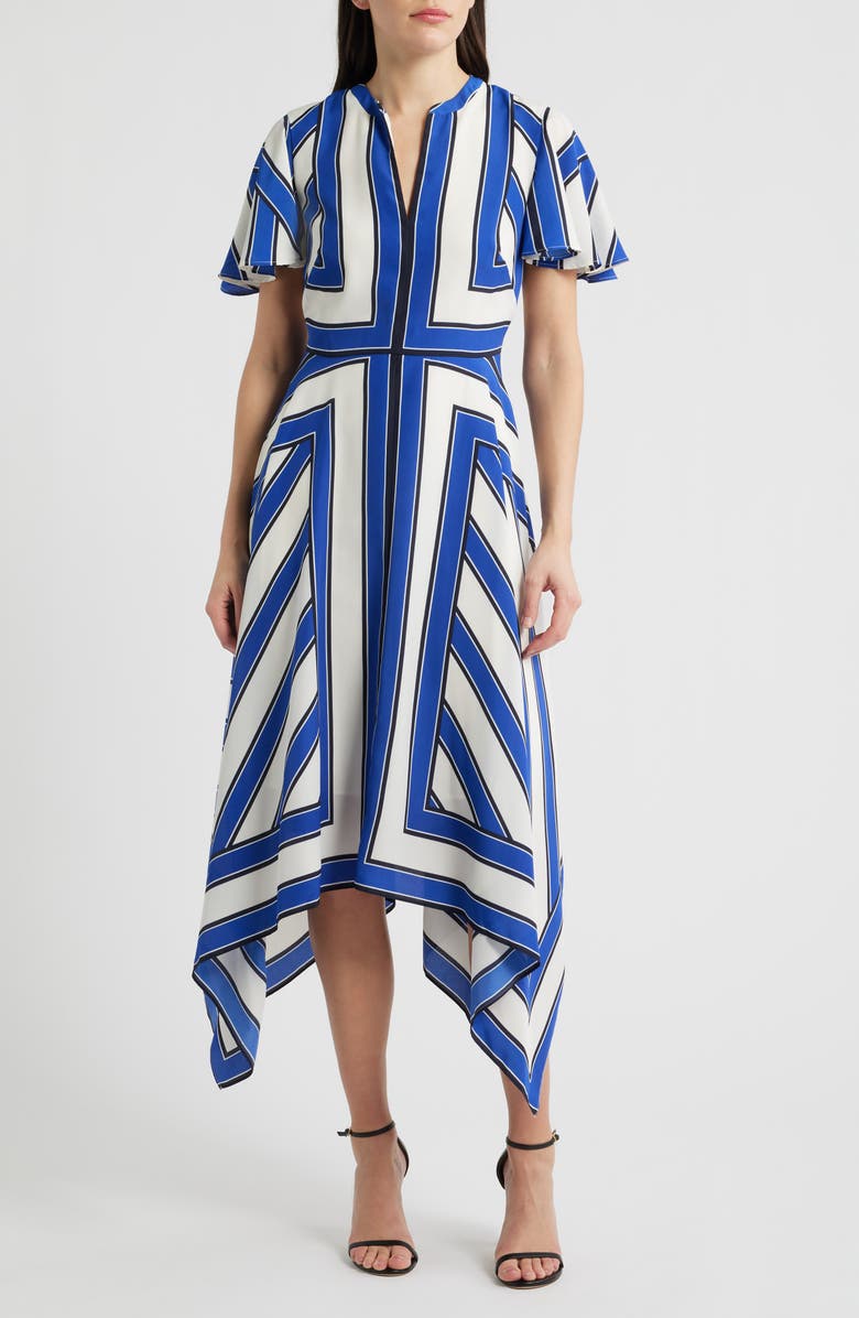 Eliza J Geometric Stripe High Low Handkerchief Dress, Main, color, Ivory Blue