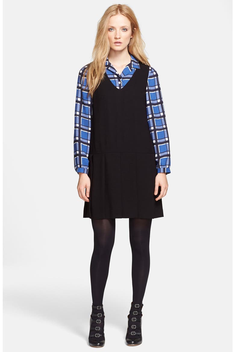 'Yumi' Pleated Crepe Dress, Main, color, BLACK