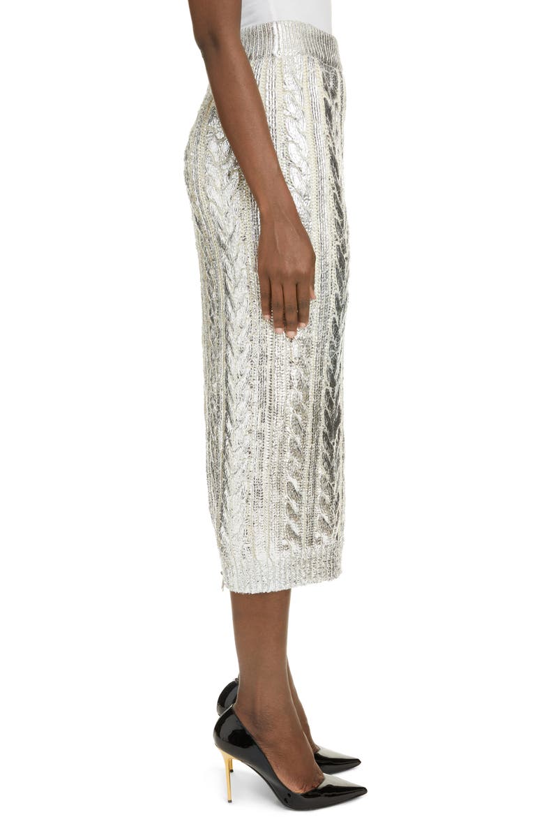 Metallic Cable Knit Virgin Wool Blend Midi Skirt, Alternate, color, GAC BLANC/ ARGENT