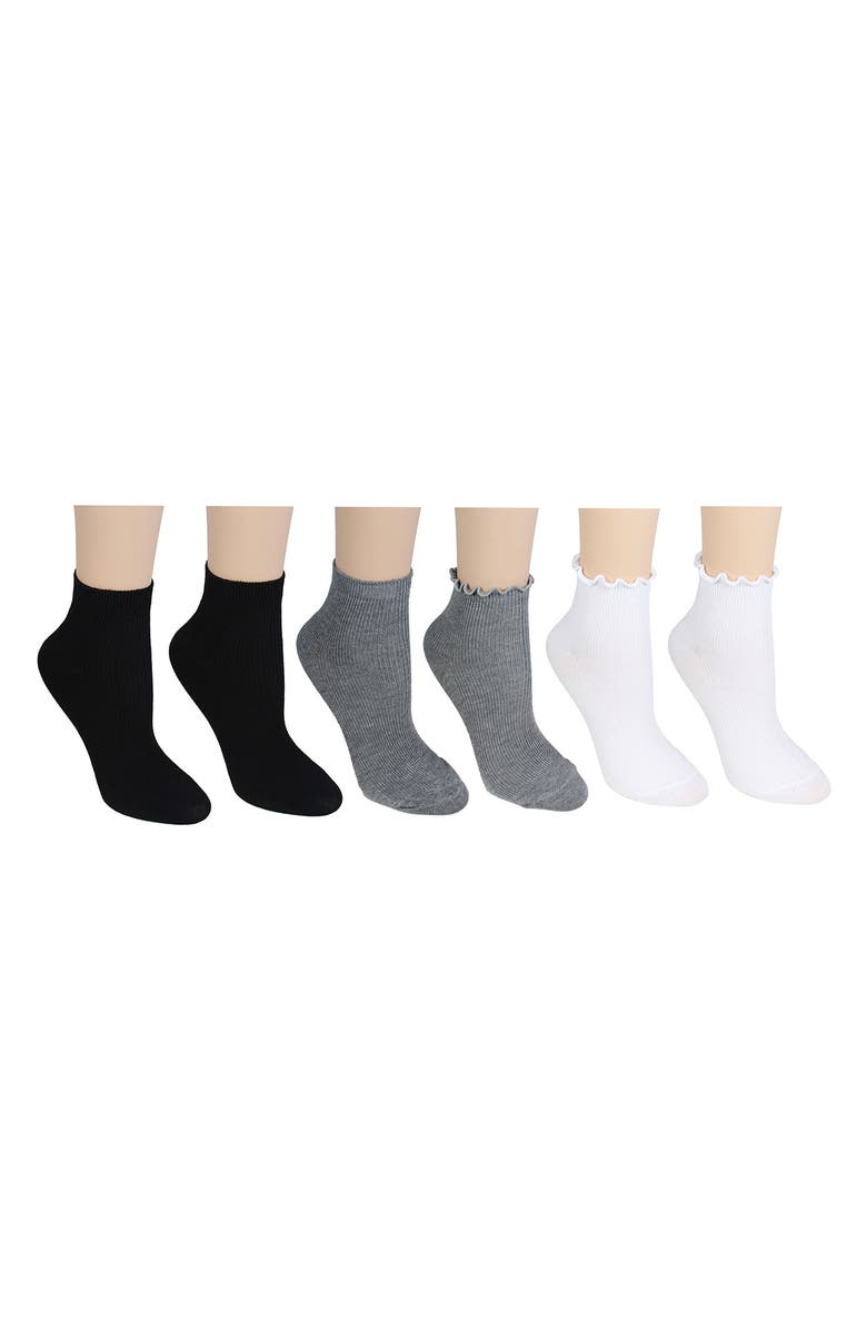 Laundry by Shelli Segal 6-Pack Lettuce Edge Quarter Length Socks, Alternate, color, Grey/ Black/ White