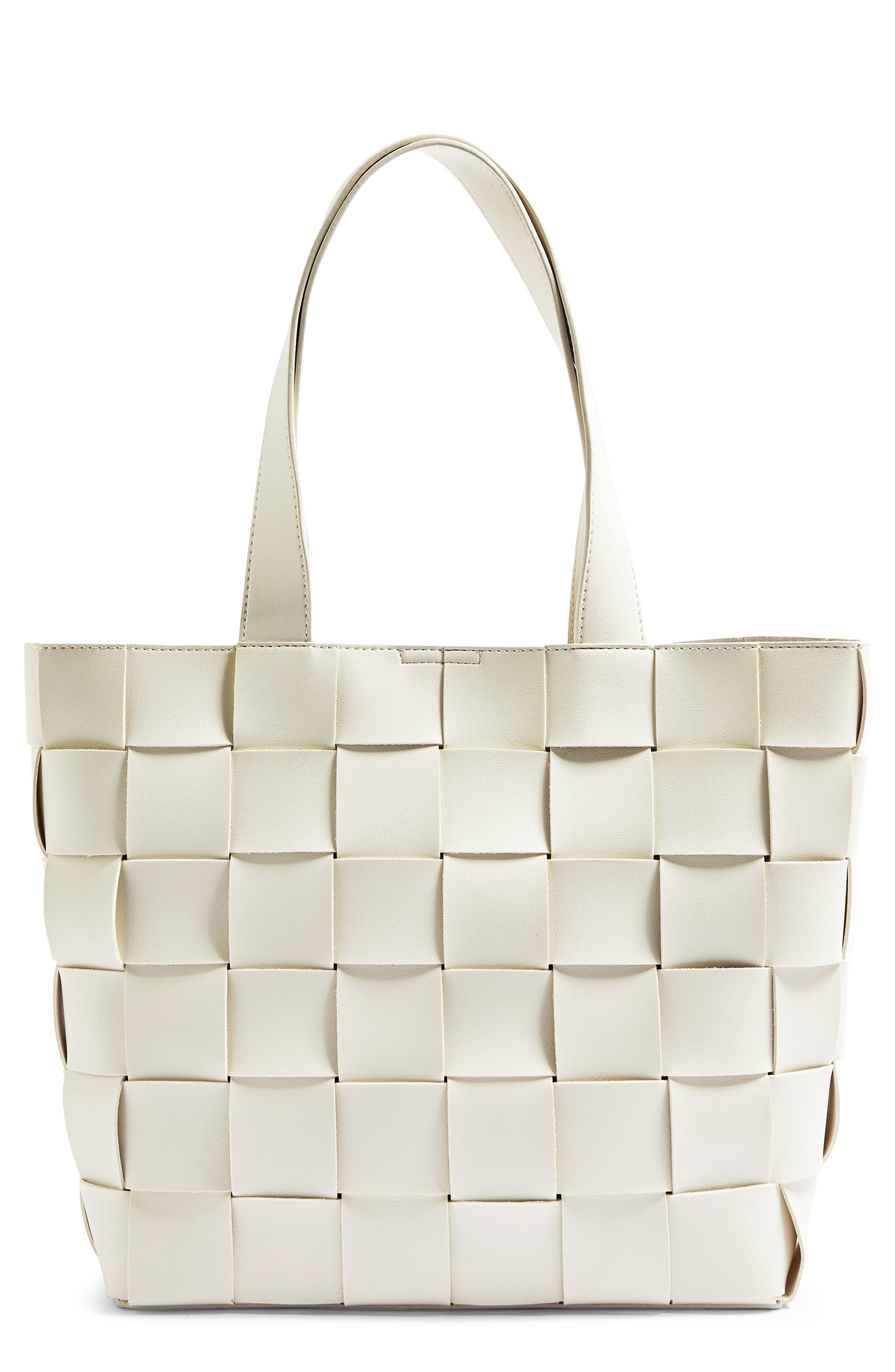Basket Weave Faux Leather Tote, Main, color, STONE