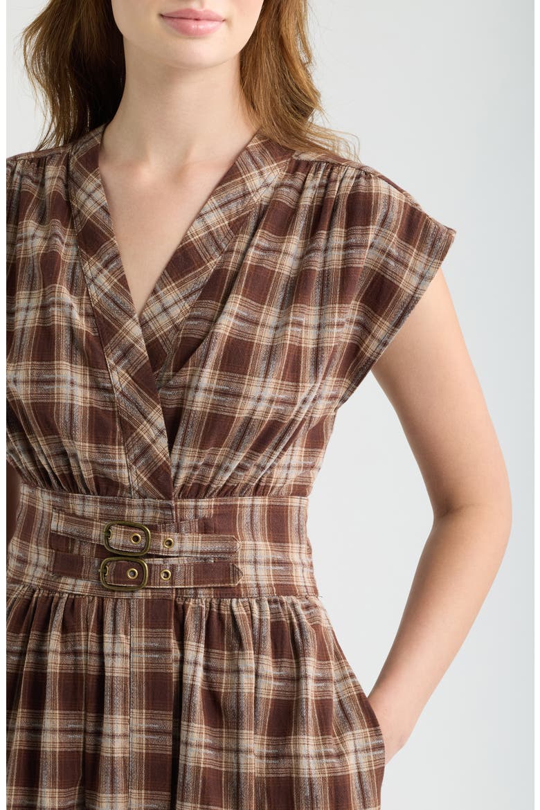 Elton Plaid Cotton Midi Dress, Alternate, color, BROWN CHECKS