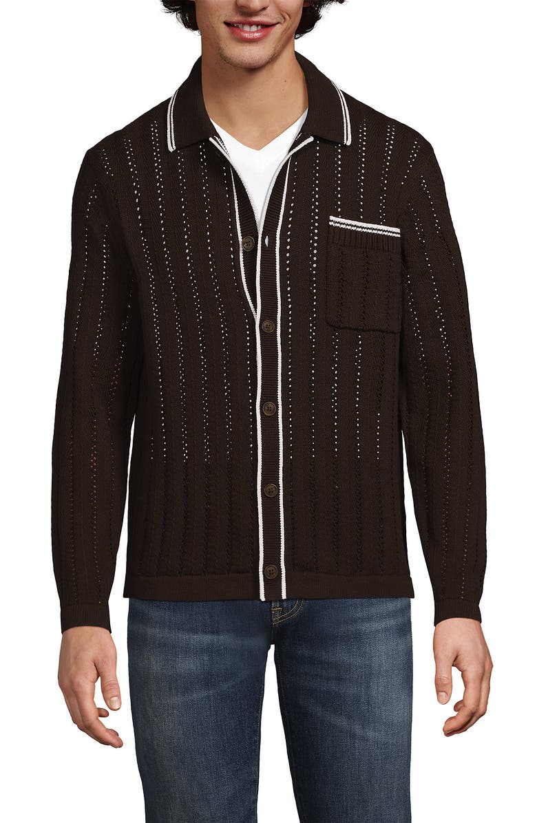 Lands' End Long Sleeve Button Through Summer Polo Cardigan, Alternate, color, Rich Coffee