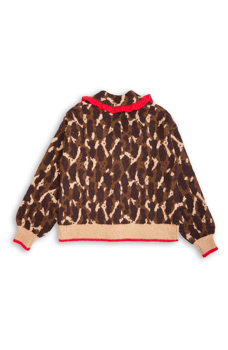 SAACHI Ruffle Collar Leopard Cardigan, Alternate, color, Brown