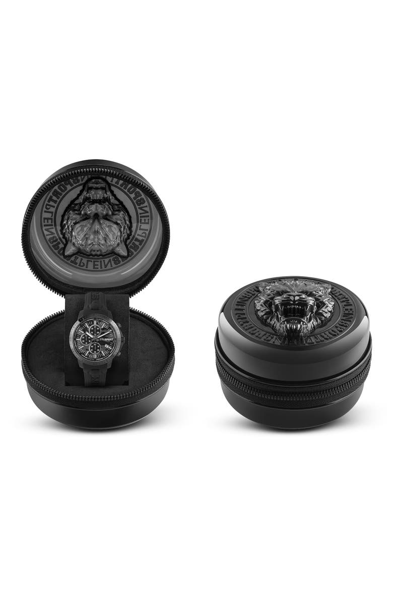 Camo Dial Three-Hand Quartz Silicone Strap Watch, 43mm, Alternate, color, IP BLACK