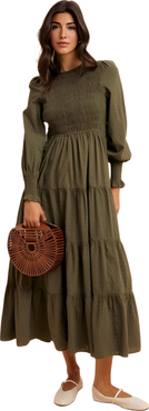 Knit and Lounge Smocked Tiered Long Sleeve Maxi Dress