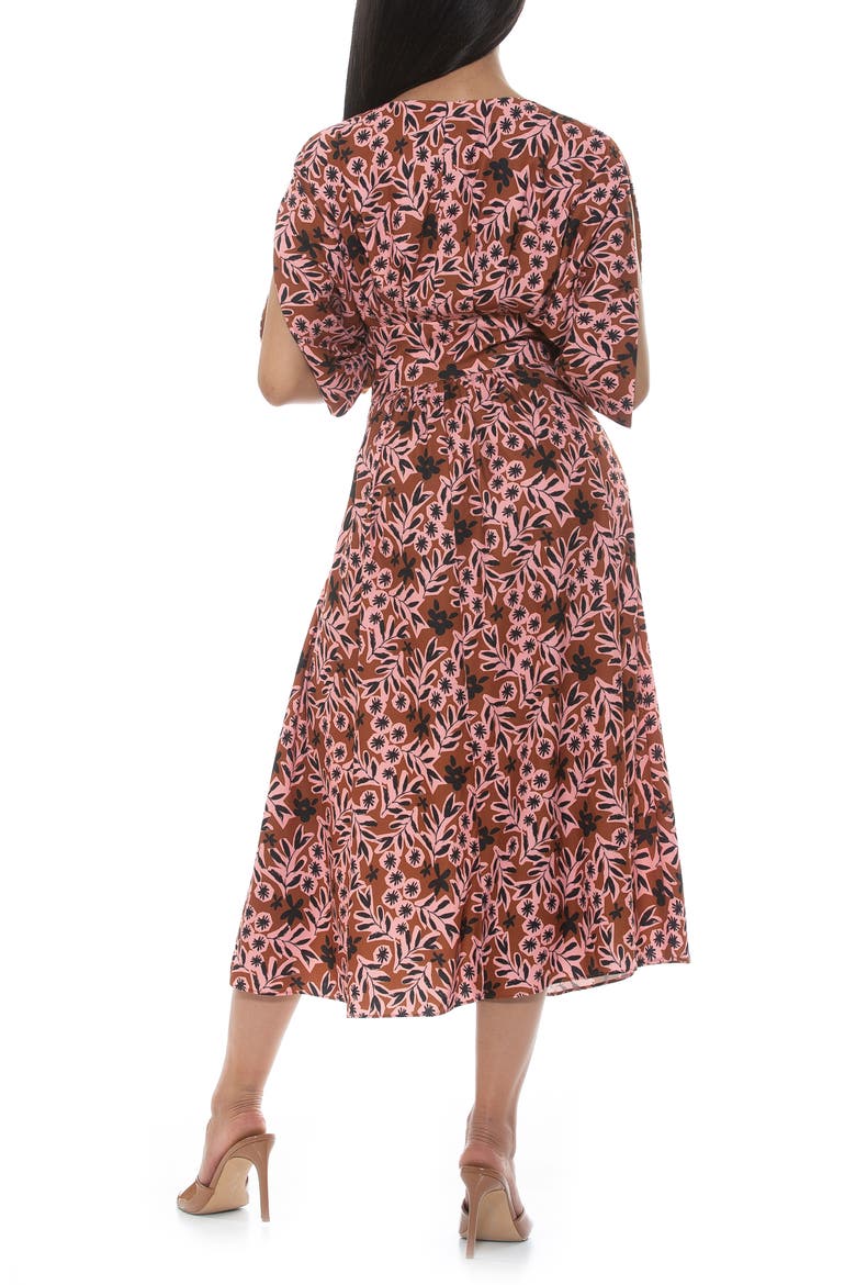 August Draped Sleeve Fit & Flare Midi Dress, Alternate, color, BROWN FLORAL