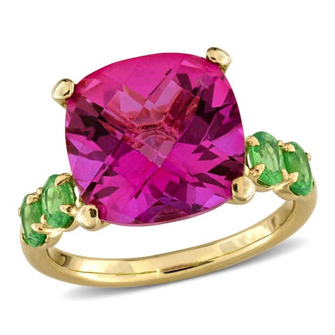 Pink Topaz & Tsavorite Ring Yellow Plated