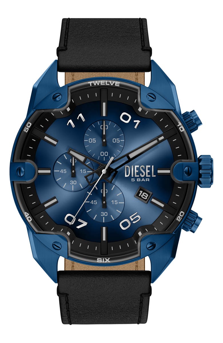 DIESEL<sup>®</sup> Spiked Blue Chronograph Leather Strap Watch, 49mm, Main, color, Blue