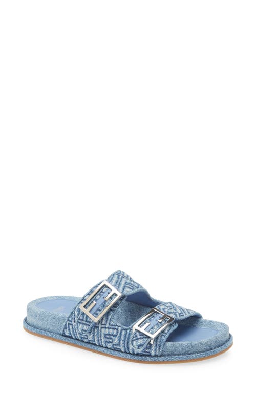 Fendi Ff Embroidered Denim Dual Buckle Slide Sandals In Blue