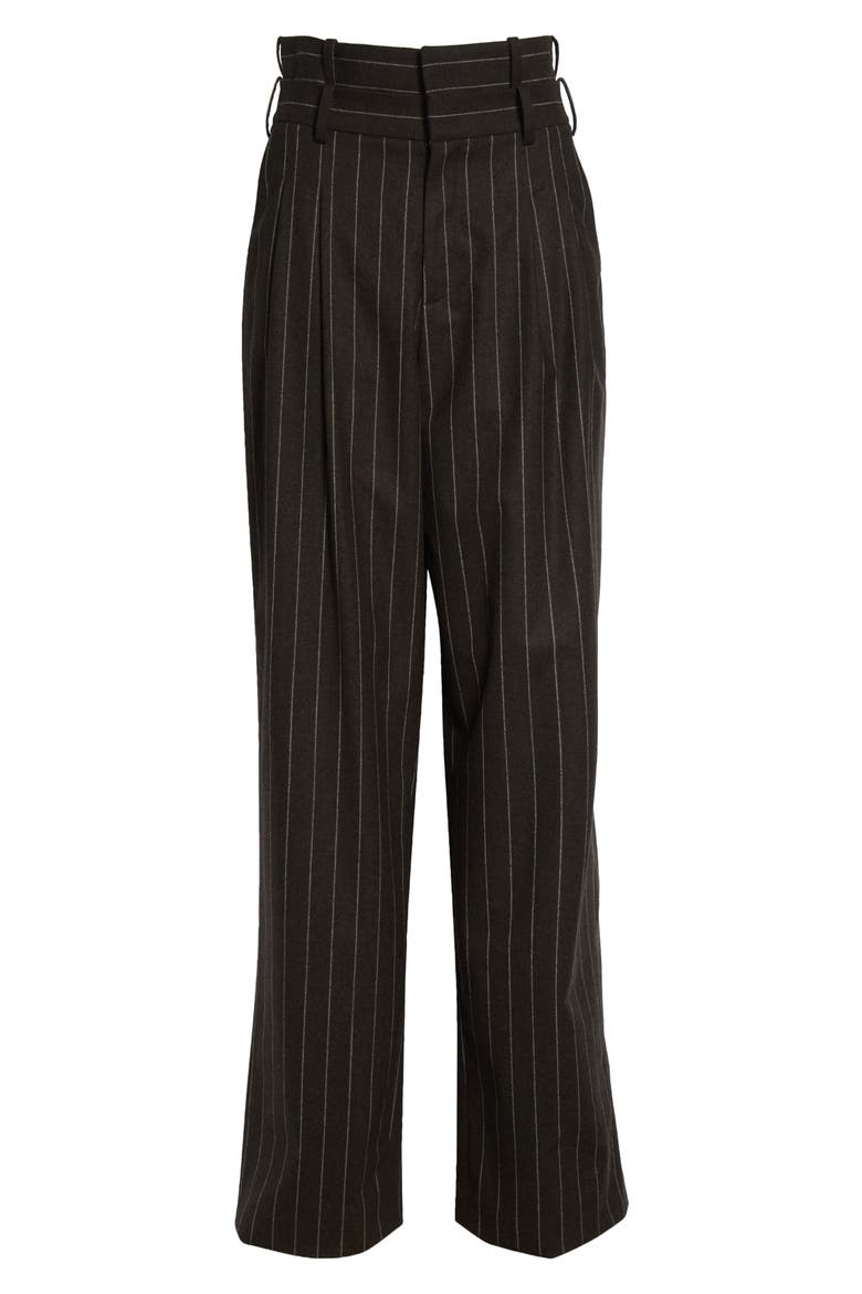 Double Waistband Pleated Pinstripe Stretch Wool Straight Leg Pants, Alternate, color, BROWN