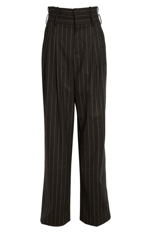 Monse Double Waistband Pleated Pinstripe Stretch Wool Straight Leg Pants In Black