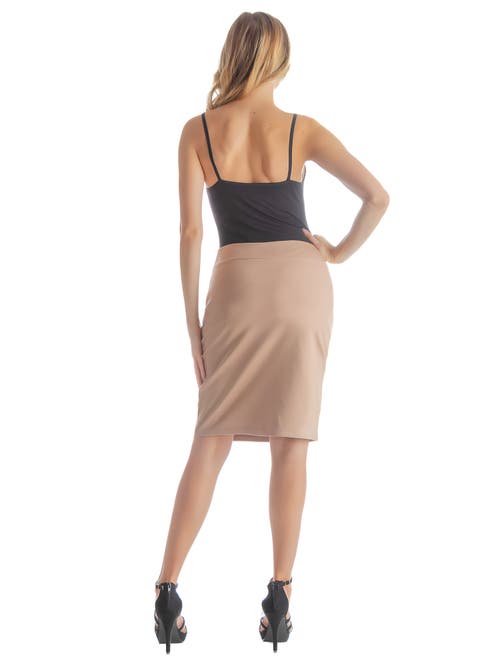 24seven Comfort Apparel Petites Solid Color Elastic Waist Knee Length Pencil Skirt In Brown