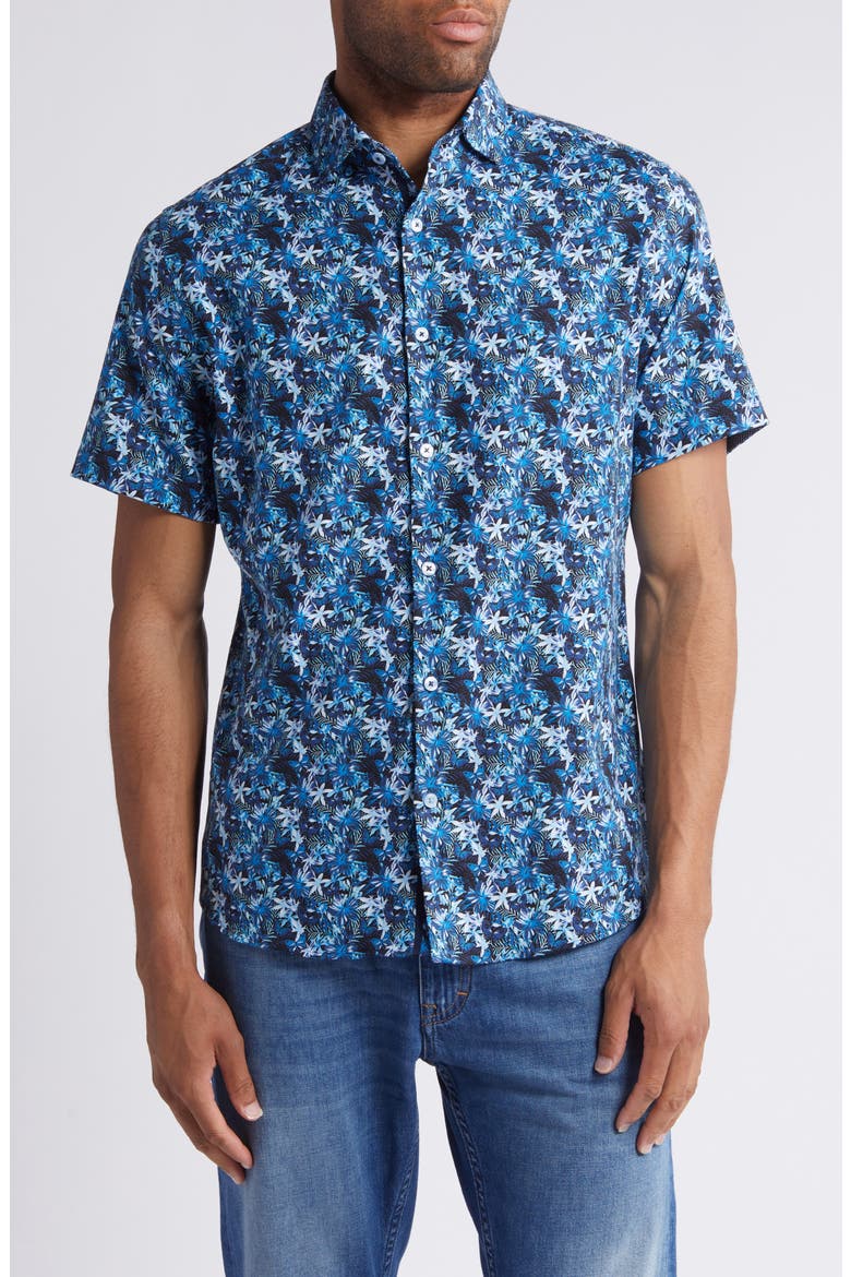 Floral Butterfly Print Short Sleeve Stretch Button-Up Shirt, Main, color, NAVY