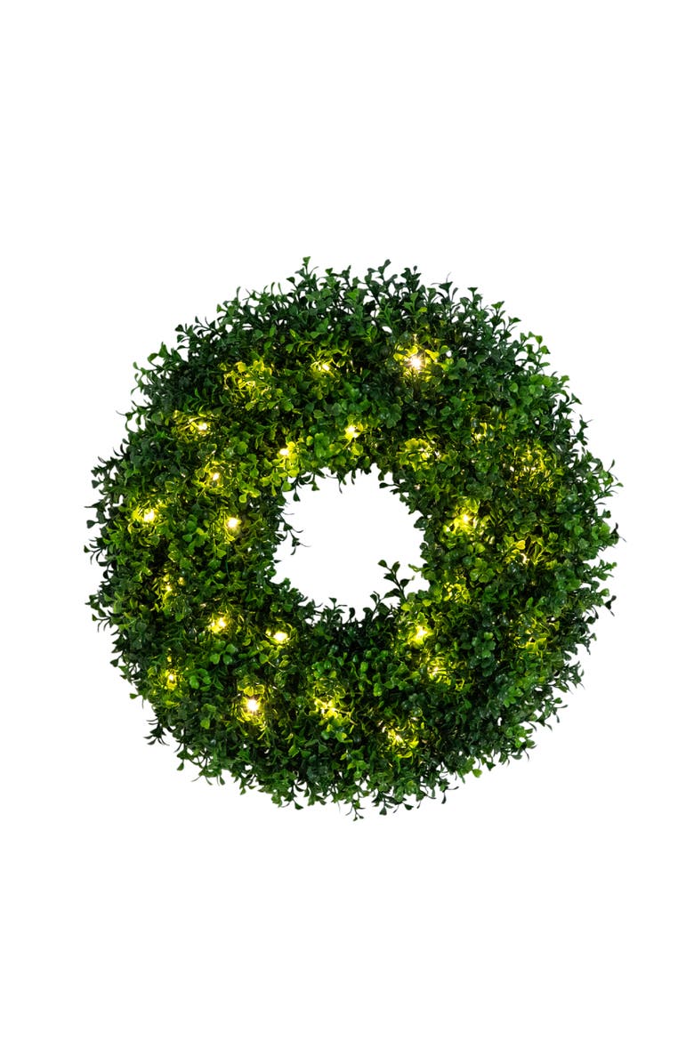 NEARLY NATURAL 18-in Pre-Lit Artificial Boxwood Wreath with 25 Warm White LED Lights, Main, color, Green