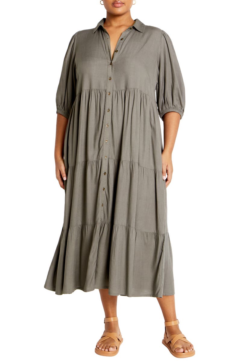 City Chic Tiered Midi Shirtdress, Main, color, 