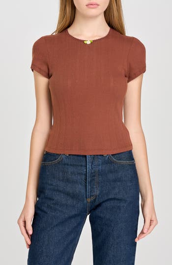 Wayf Anna Pointelle Cotton T-shirt In Brown