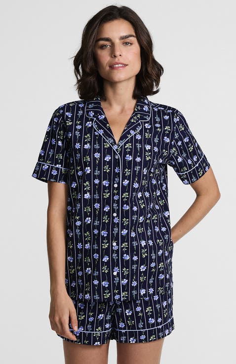 Cotton Poplin 2 Piece Pajama Set - Short Sleeve Top And Shorts