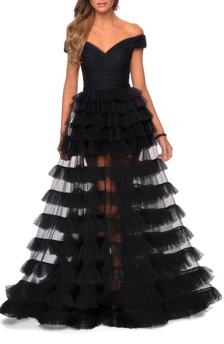 La Femme Sheer Layered Tulle Off the Shoulder Prom Gown, Main, color, Black